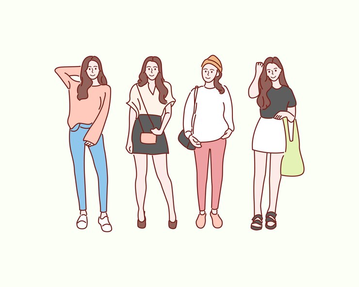 Vector 패션 개념입니다. 패션을 입은 젊은 여성. 손으로 그린 스타일 벡터 일러스트입니다.