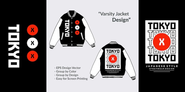 Fashion design tokyo japan typography jacket varsity street wear premium vector illustration