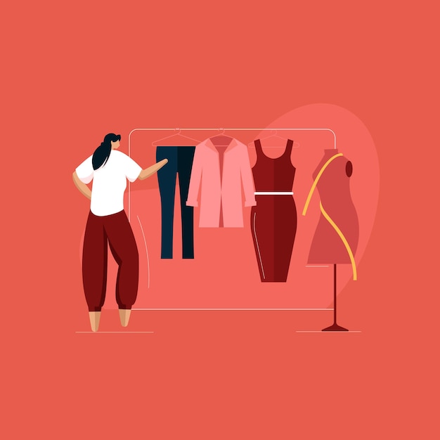 Vector fashion designer girl choosing stylish clothes in the store cloths on hanger in the wardrobe