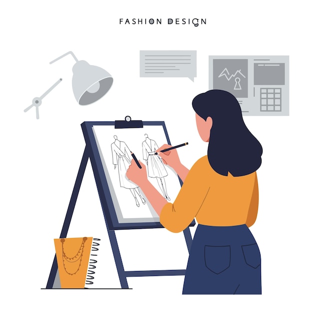 fashion designer illustrating clothing sketches on an easel in a creative workspace