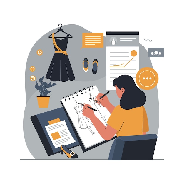 Fashion designer sketching dress designs with tools and inspirations in a creative workspace