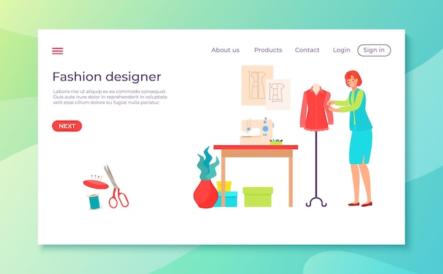 Vector fashion designer woman tailor character online web application website banner template landing