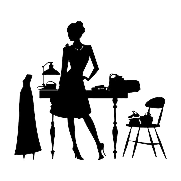 Fashion designer at work silhouette clipart black and white Vector fashion illustration