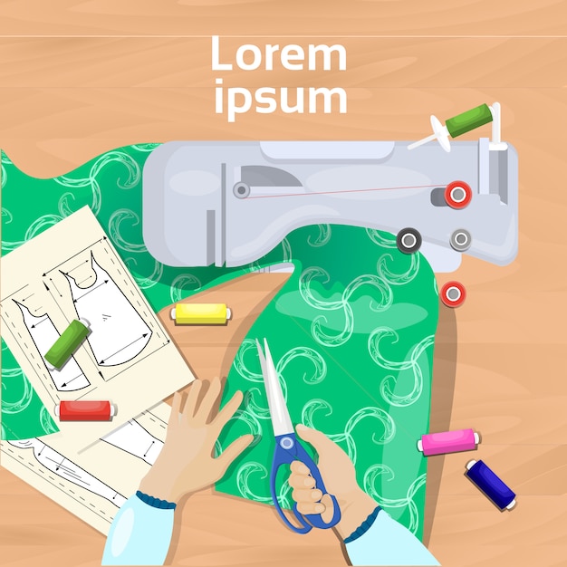 fashion designer working table top angle view workplace concept hands holding scissors fabric, cloth