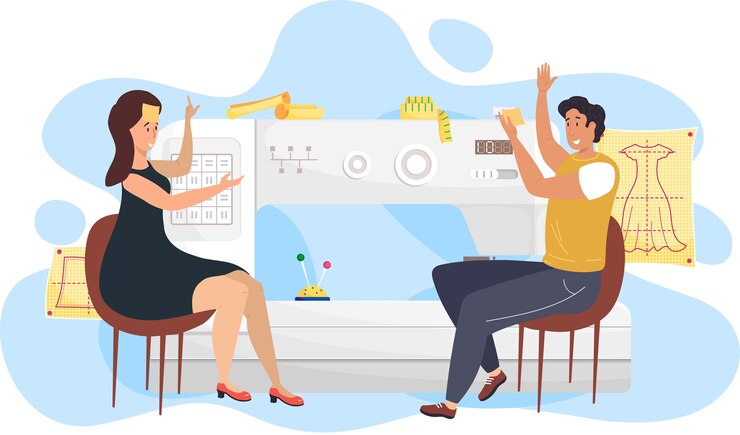 Vector fashion designers man and woman are sitting near the sketch with dress and discussing about model. seamstressers are comparing tailor pattern. modern production, people near sewing machine with notes