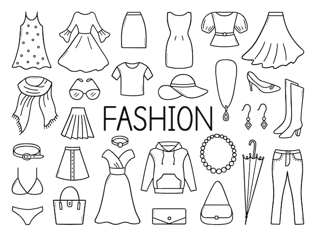 Fashion doodle set Women clothes and accessories in sketch style