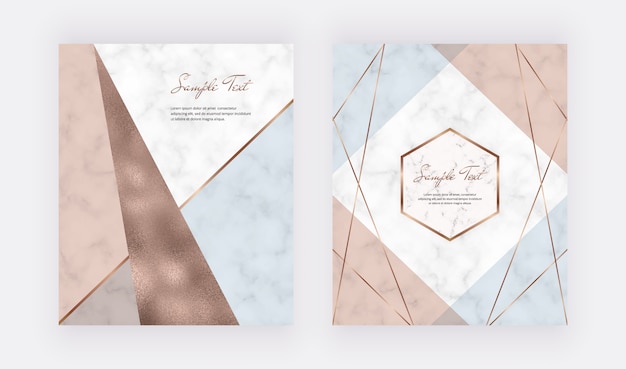 Fashion geometric design with pastel pink, blue and copper foil triangles shapes and golden lines.