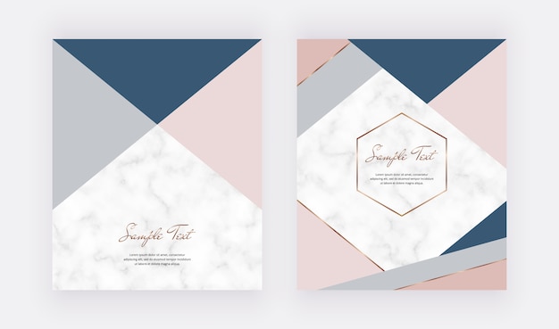 Fashion geometric design with pastel pink, blue grey triangles shapes and golden lines.