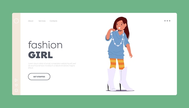 Fashion girl childhood landing page template little girl trying on her mother boots on high heels struggling to walk