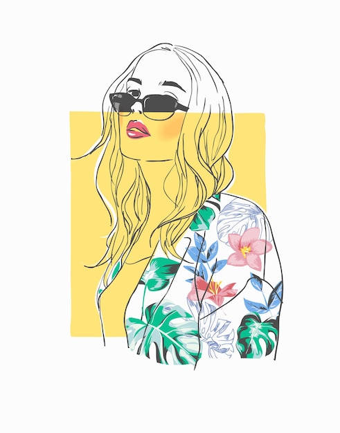 fashion girl hand drawn line art in sunglasses and colorful flower blazer