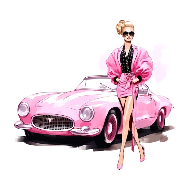 レオパードプリントのドレスとサングラスを着たファッションガールがピンクのカーアートステーションの隣に立っています