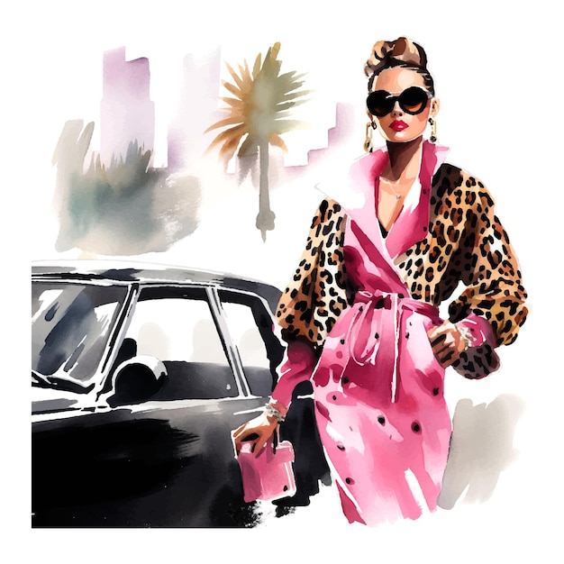Vector fashion girl in leopard print dress and sunglasses standing next to pink car art station trends