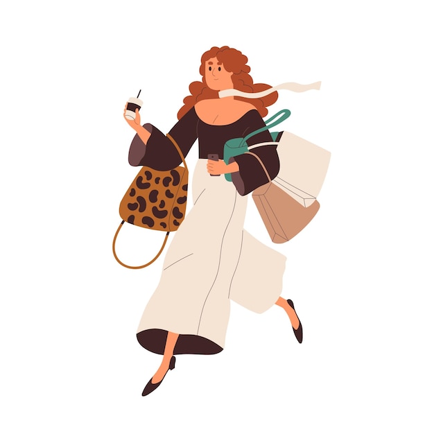 Vector fashion girl running with shopping bags, purse and coffee cup in hands. modern young woman hurrying, rushing for sales. fast lifestyle concept. flat vector illustration isolated on white background