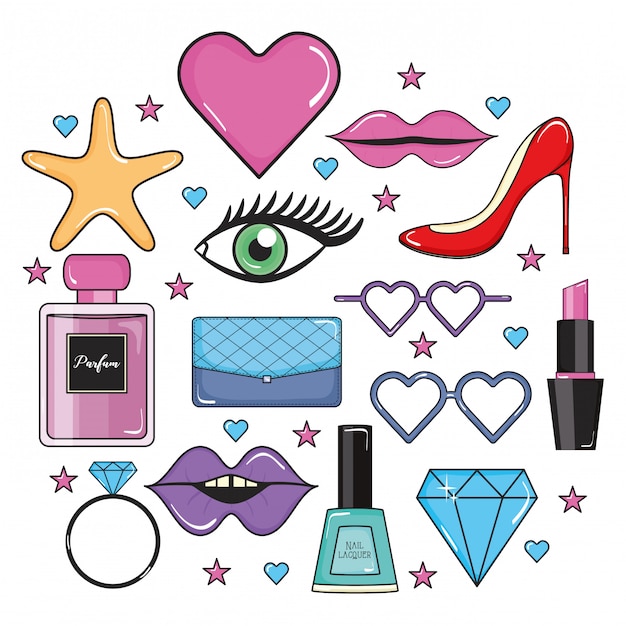 Fashion girl set icons pop art style