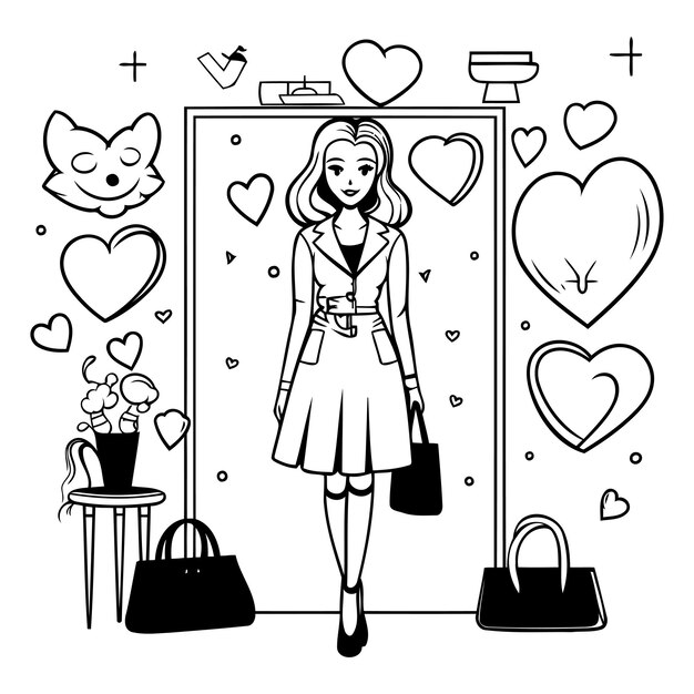 Vector fashion girl in the shop black and white vector illustration