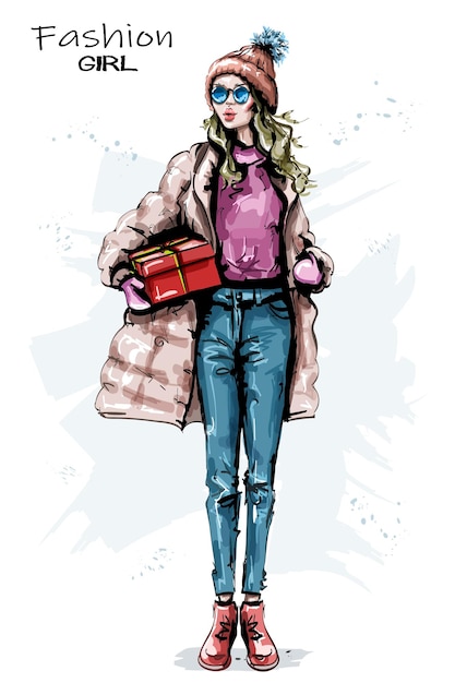 Vector fashion girl winter look.