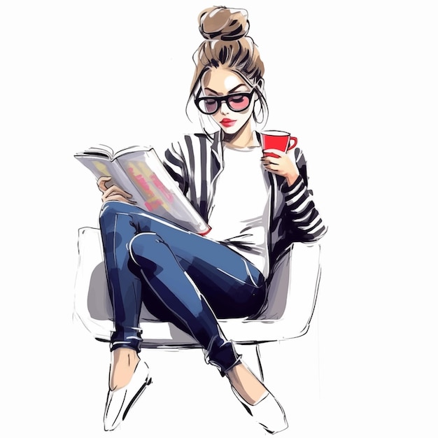 Fashion girl with magazine and cup