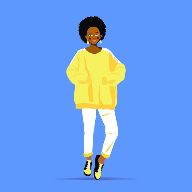 Fashion girl in yellow knitwear and white pants isolated on blue background