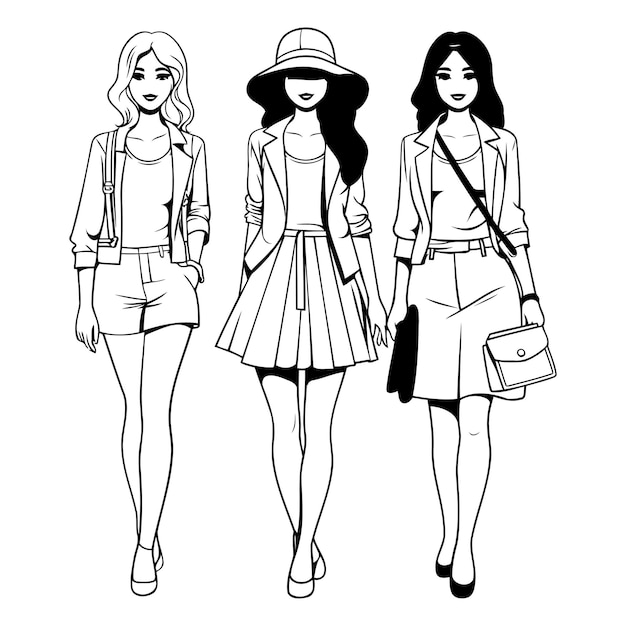 Vector fashion girls in sketch style of fashion girls