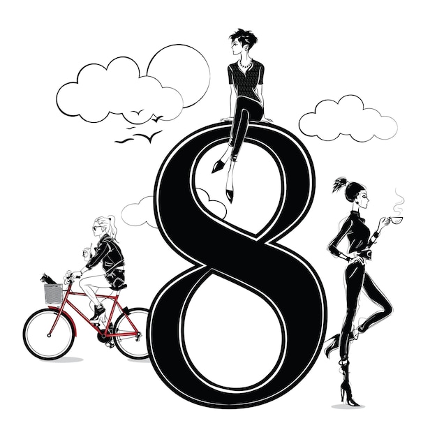Vettore ragazze di moda in stile schizzo con numero otto. illustrazione vettoriale.