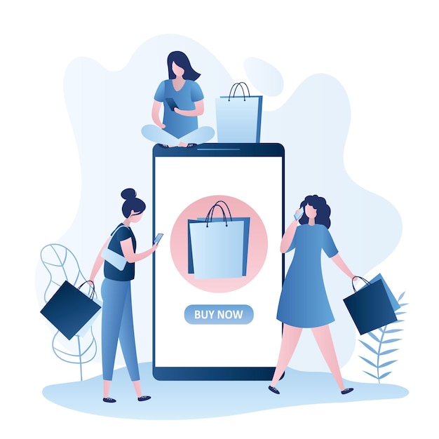 Fashion girls with shopping bags and smartphones mobile phone with shop icon and button vector