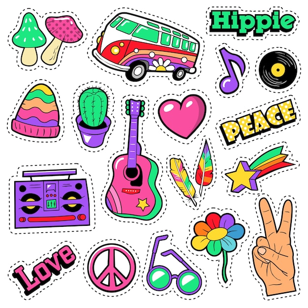 Vector fashion hippie badges, patches, stickers - van mushroom guitar and feather in pop art comic style.  illustration