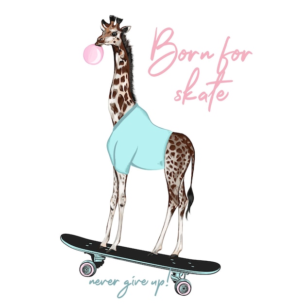 Fashion hipster vector illustration with giraffe on skateboard born for skate