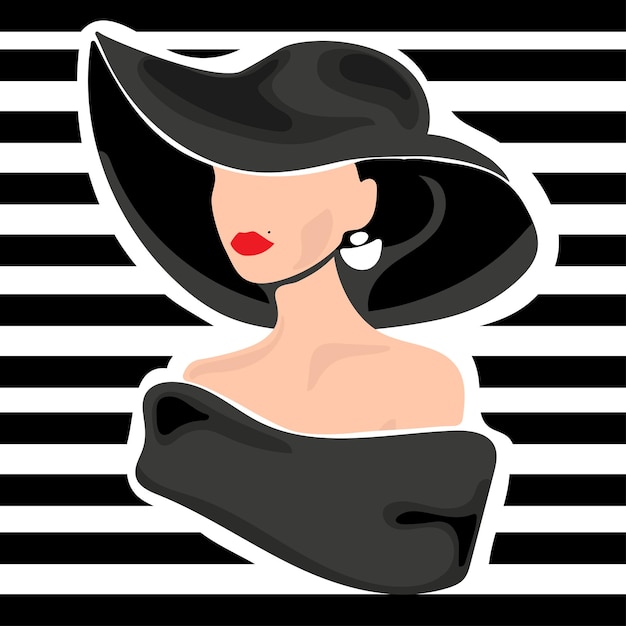 ファッション イラスト 縞模様の背景のベクトル図に帽子をかぶったエレガントな女性