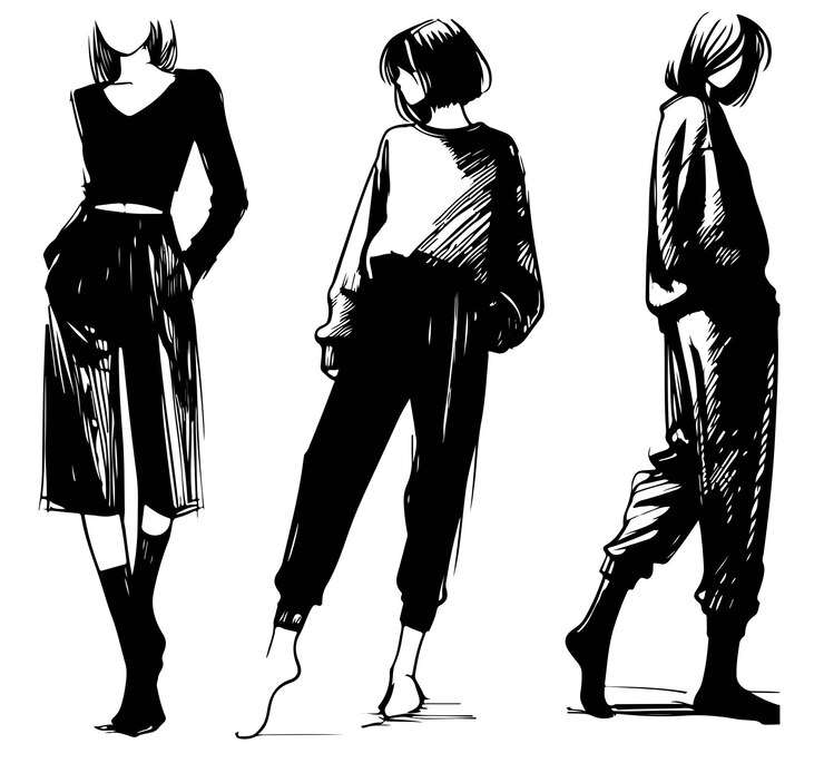 Vector fashion illustration girl in pants short hair