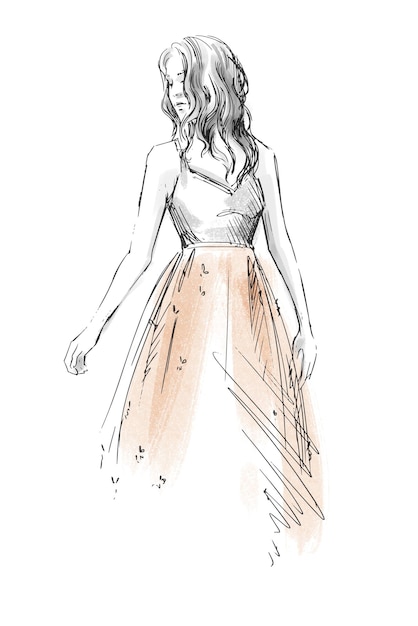 Vector fashion illustration. girl in a romantic dress sketch