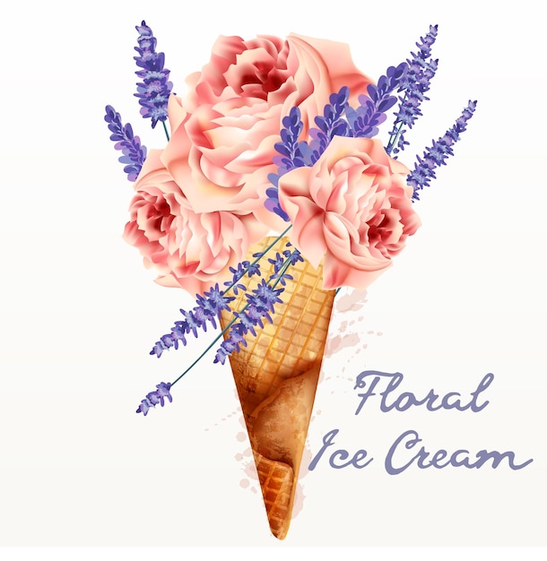 Vector fashion illustration print for tshirt with ice cream from pink rose flowers