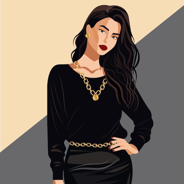 Vector fashion illustration woman in a black dress with gold chains