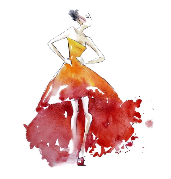 Vettore illustrazione di moda di una donna che indossa un abito rosso, schizzo ad acquerello