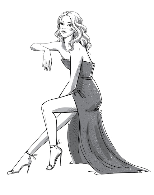 Vector fashion illustration of a young woman in an evening dress sitting