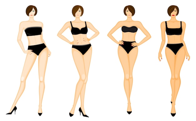 Illustrazione di moda di giovani donne in bikini, vettore impostato a colori, isolato, su sfondo bianco