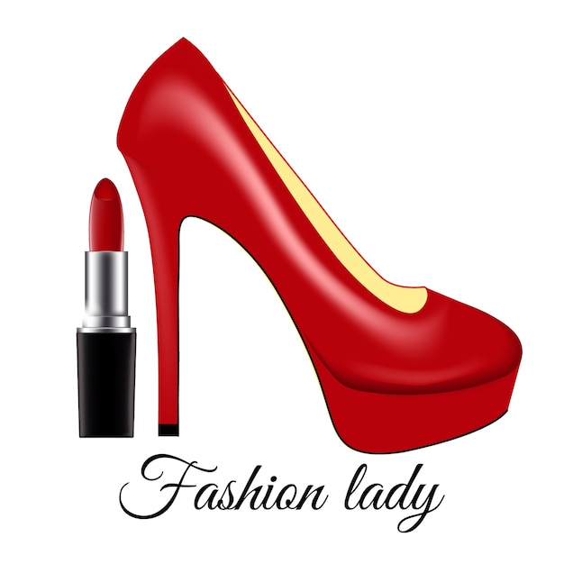 Fashion lady. Red lacquered shoes on high heels and lipstick on a white background