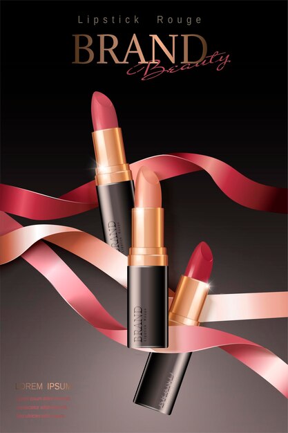 fashion lipsticks poster with wavy ribbons, 3d illustration
