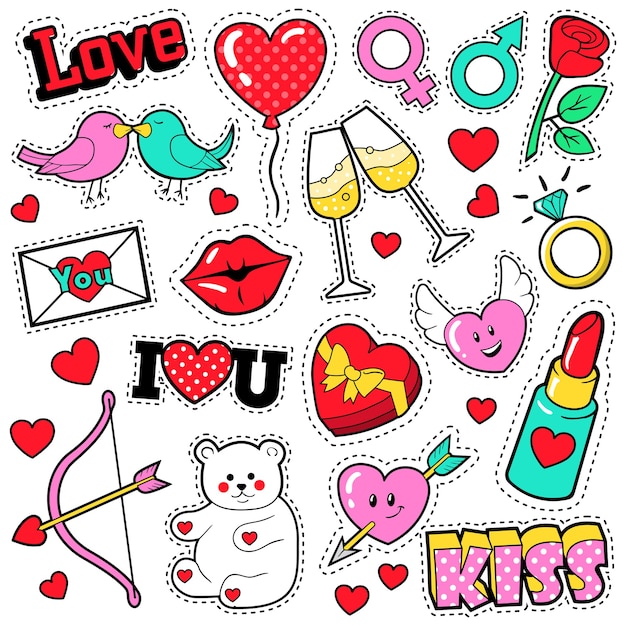 Vector fashion love badges set with patches, stickers, lips, hearts, kiss, lipstick in pop art comic style.  illustration