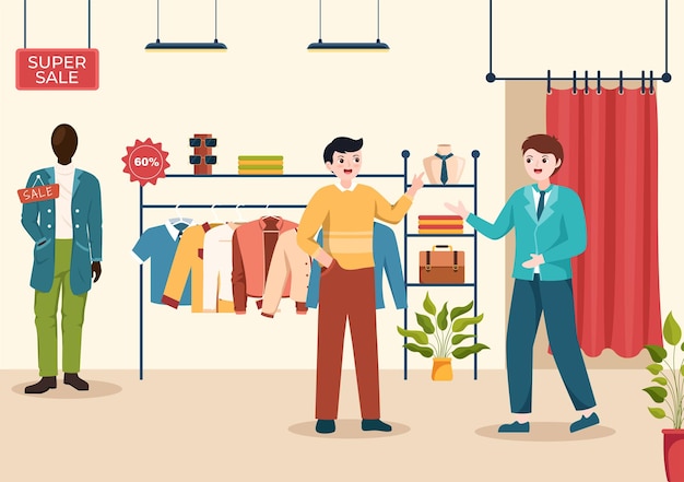 fashion men and outfit of fashionable man in clothes shop for shopping on flat illustration