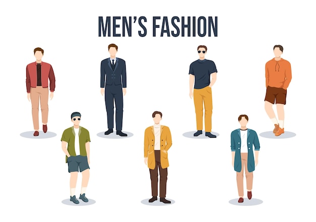 벡터 패션 남자 쇼 패션쇼 남성 모델은 일러스트레이션에 현대적인 유행 의상을 입은 옷을 보여줍니다.