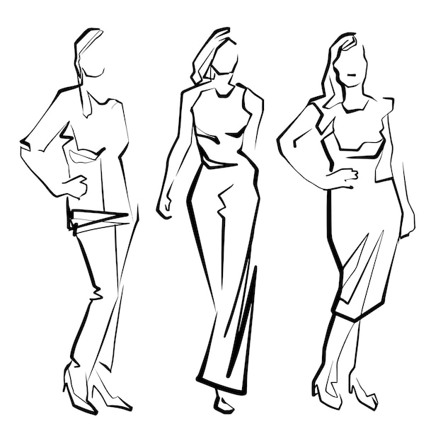 Fashion models Line Drawing Illustration of Young Woman