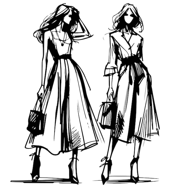 Vector fashion models sketch girls in dress