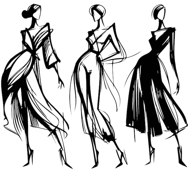 Vector fashion models sketch girls in dress