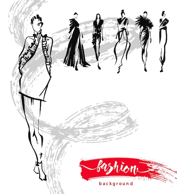 Vector fashion models sketch hand drawn , stylized silhouettes isolated.vector fashion illustration set.