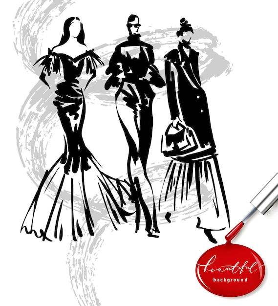 Vector fashion models sketch hand drawn , stylized silhouettes isolated.vector fashion illustration set.