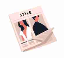 Vector fashion newspaper with crumpled page vector flat illustration. paper magazine sheet with stylish man and woman image isolated on white background. cartoon periodical publication of various articles.