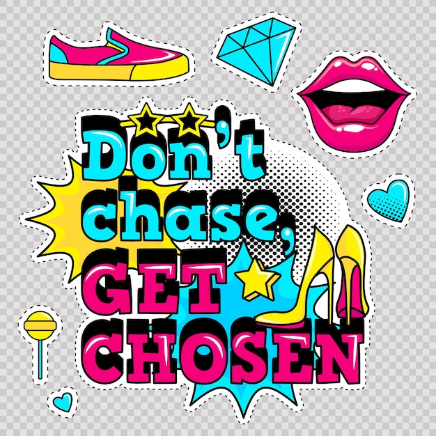 Fashion patch badges with lips heartsshoes lipstickcosmetics stars cool text and other element