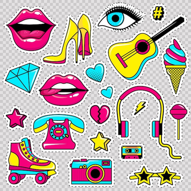 Fashion patch badges with lips heartsshoes lipstickcosmetics stars cool text and other element