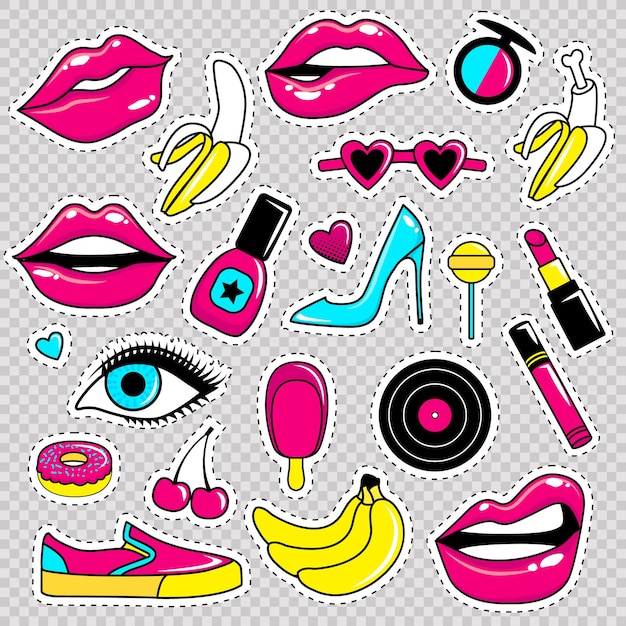 Vector fashion patch badges with lips heartsshoes lipstickcosmetics stars cool text and other element