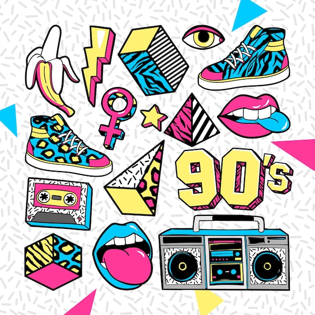 Vector fashion patches in in 80s90s memphis style